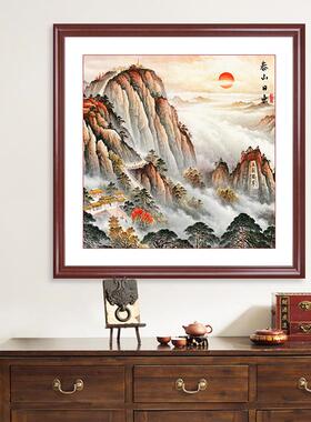 新中式客厅玄关装饰画鸿运当头国画山水画正方形红色挂画书房壁画