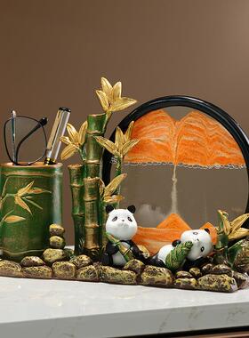 高档办公室实用笔筒摆件客厅玄关节节高升熊猫装饰解压流沙画摆设