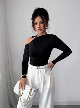 Women's Black High Waisted Flare Pants with Gold Buttons -