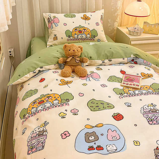 Ins Cotton Small Fresh Cartoon Student Door Three-Piece Set Pure Cotton Quilt Cover Bed Sheet Four-Piece Set Bedding