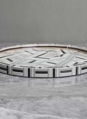 家居极简约黑白条纹托盘样板房客厅组合摆件茶几水果盘工艺品