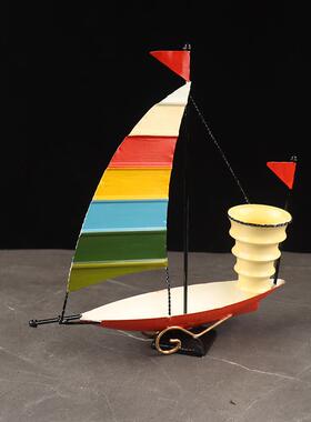 1225一帆顺帆船摆件手饰工风艺品客厅书房办公创室意笔筒橱窗装品