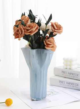 欧式中古风芬顿花瓶唯美炫彩奶蓝色小花瓣玻璃花瓶花壶插花容器