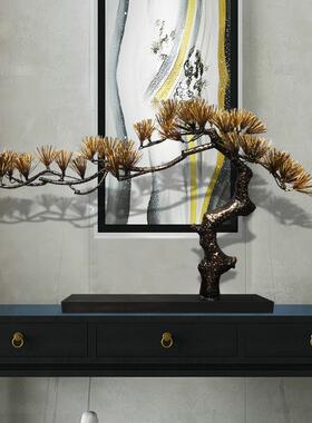 中式彷真迎客松铁艺装饰摆件客厅玄关过道桌面金属松树工艺品雕塑