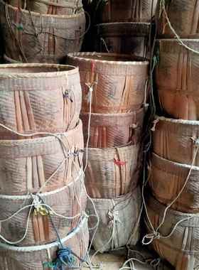 民俗老物件农村老挑筐竹编篮子竹编圆筐酒厂挑担装饰摆件复古怀旧