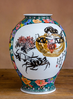 孤品写意画收藏级花瓶 齐白石嫡传人刘培竹手绘开窗瓷瓶装饰摆件