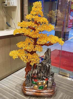 黄水晶招财树流水彩光滚珠大号摆件办公客厅落地摆件开业乔迁送礼