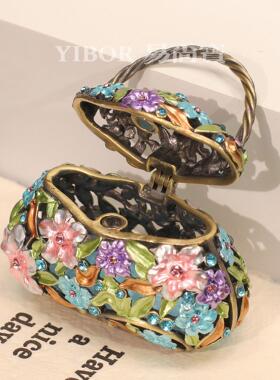 金属珐琅首饰盒手工艺品复古中式手提花篮包小摆件家居饰品收纳盒