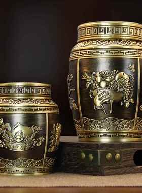 黄铜招财进宝茶叶罐聚宝盆米缸办公室桌面小摆件茶桌书房装饰品