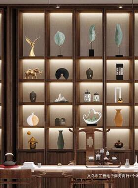 新中客式轻奢高端摆家居件软装厅公室茶中式摆件室博古架书房书办