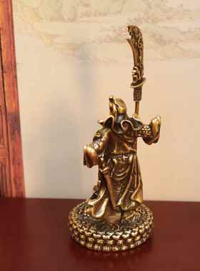 黄铜实心小摆件玄关桌面手把件大刀关公老爷茶道茶宠雕铸古玩铜器