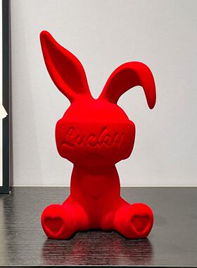 高级感生日礼物女植绒红色兔子坐姿摆件创意现代轻奢客厅入户玄关