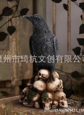 跨境新款神秘暗黑风骷髅动物猫与乌鸦雕像摆件树脂工艺品家居装饰
