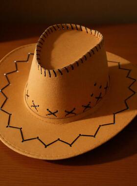 Unisex Faux Suede Western Cowboy Hat Wide Brim Stitched Sun