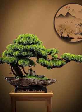 仿真迎客松实木绿植盆景家居装饰摆件中式客厅玄关办公室桌面盆栽