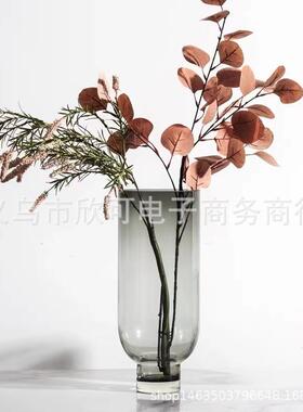 灰色简约现代圆形玻璃花器客厅花艺插花装饰花瓶摆件样板间软装