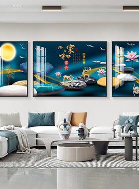 网红新大中式代简画约客厅装饰画三联现画气景山水壁沙发背墙晶瓷