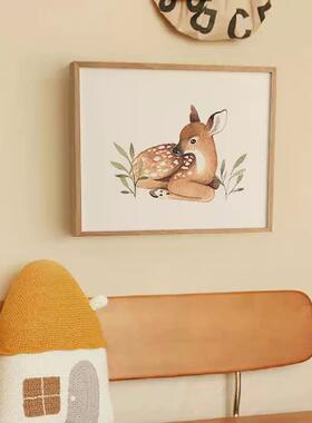 北欧原木风动物插画儿童房卧室挂画电表箱装饰画开关盒遮挡实木框