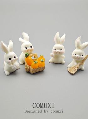 卡通小白兔推车雪人兔子动物模型微缩景观公仔树脂桌面摆件工艺品