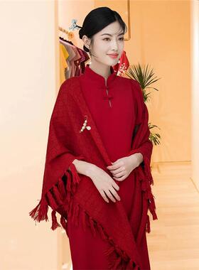 妈妈婚宴礼服红色小披肩羊毛羊绒春秋三角巾流苏款喜婆婆结婚女新