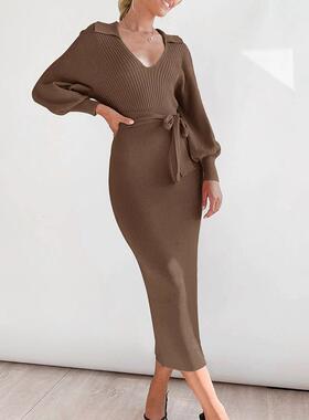 Light mature style lantern sleeve knitted woolen dress