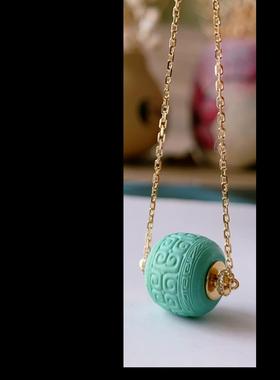 天然绿松石回纹珠吊坠18k金镶嵌锁骨链挂件女款项链规 11.5/9.3mm