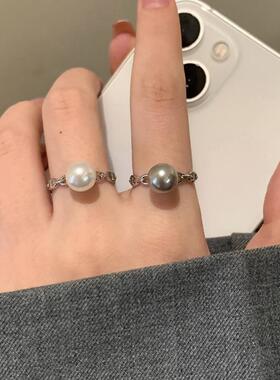 新款冷淡风猪鼻子珍珠开口戒指女轻奢感食指戒韩版小清新个性指环