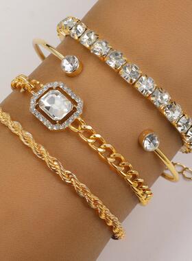 扭曲手镯朋克钻石开放手镯套装4件