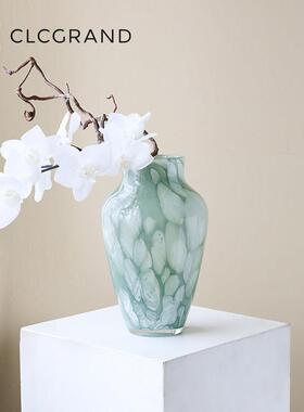 轻奢风绿色中古玻璃花瓶摆件高级感客厅桌面插花装饰高档餐桌摆设