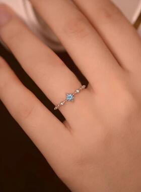 蓝色雪花戒指女轻奢ins简约小众设计精致托帕石食指开口调节指环