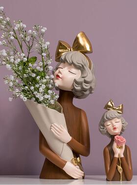 北欧轻奢创意蝴蝶结女孩花瓶摆件家居客厅电视柜玄关装饰插花摆设