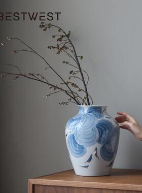 陶瓷花瓶青花瓷新中式插花摆件客厅轻奢高级感水养芍药陶罐复古风