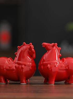 马到功公摆件陶红色招财唐马工成瓷艺创意中YA56YXY1式客厅办室家