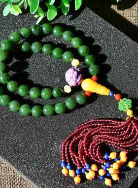 天然玉石浓郁菠菜绿和田碧玉2圈手链手持珠链9.6MM配石榴石流苏女