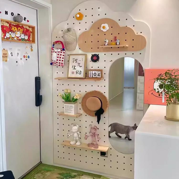 Solid wood cloud hole board full-length mirror integrated custom entry porch storage rack door behind wall storage hanger