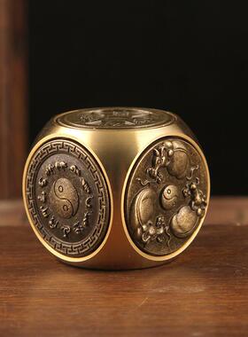 黄铜六面转手把件招财运转五路财神转转摆件指尖解压陀螺魔方