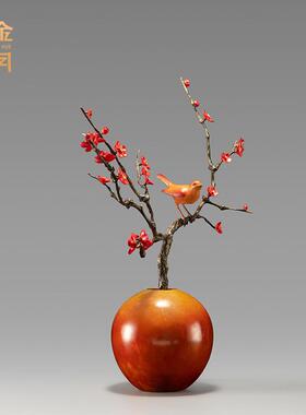 铜金岁月喜鹊登梅黄铜摆件梅花小鸟客厅电视柜花瓶插花餐桌铜装饰