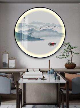 境水墨山水中圆形玄关装饰画新式茶书房氛围灯画意风景禅意室挂画