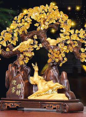 新款直销黄水晶发财树摇钱树招财对鹿摆件家居客厅酒柜装饰品乔迁