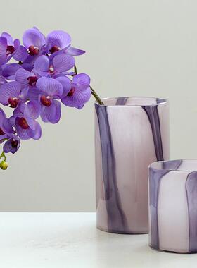 现代简约大口直筒梦幻紫条纹吹制花瓶水培干花蝴蝶兰插花桌面装饰