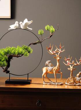 中式彷真迎客松盆景屏风摆件客厅装饰品玄关柜办公室景观酒店造景