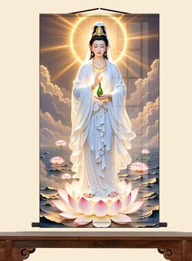 普陀观音画像保平安佛堂供奉挂画观世音菩萨佛像挂画丝绸画卷轴画