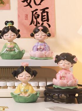 中式古风佛系少女桌面摆件好运莲莲女士办公室工位装饰品家居摆件