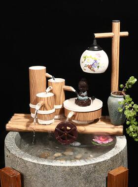 老石槽室内流水景观覆古石磨鱼缸石盆石头阳台养鱼石磨新中式摆件