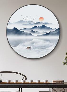 新中式入户玄关装饰画流水生财茶室餐厅挂画圆形水墨山水画壁画