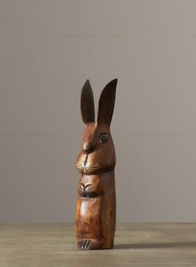 迦乐 美式乡村 Pattaya手工原木雕刻 长耳兔造型桌面摆件