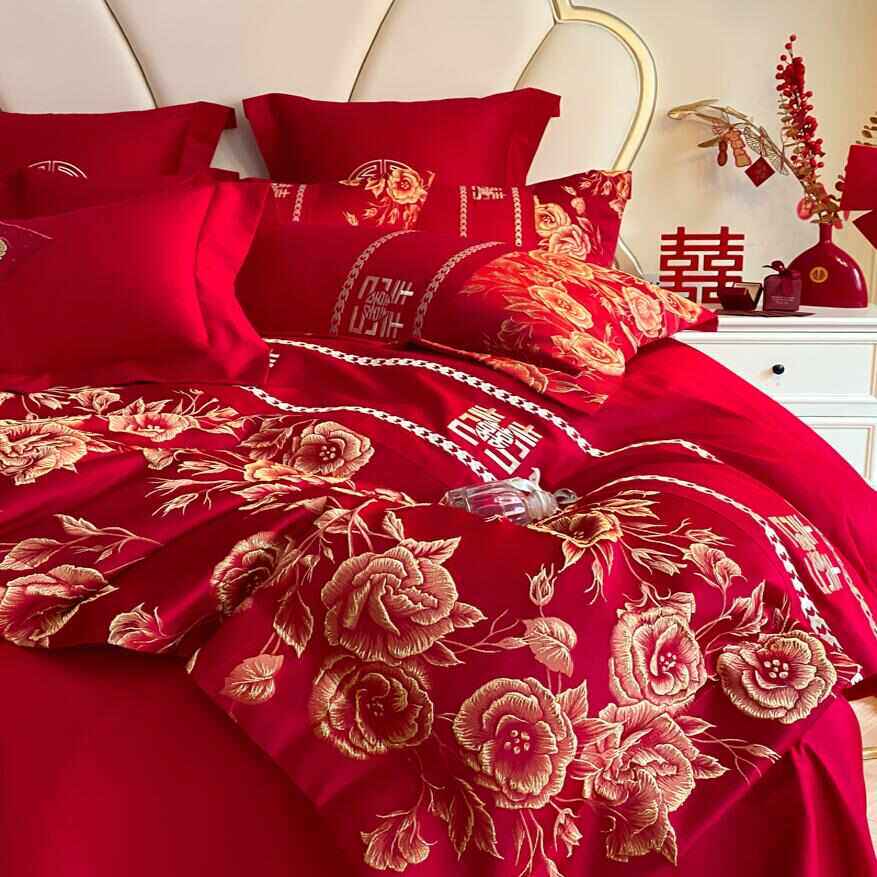 结婚喜庆床上用品四件套高档婚庆纯棉全棉床单被套大红色新婚嫁房,淘宝优惠券,粉丝福利购,淘宝优惠卷