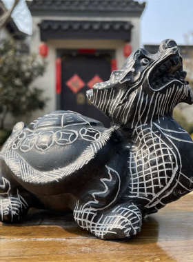 青石龙龟石雕摆件精雕八卦龙头龟茶盘茶宠天然石头赑屃霸下工艺品