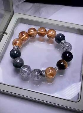 天然金字塔黄水晶灰鹰眼石黑发晶手链简约大气轻奢手串送礼