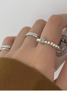小红书同款叠戴个性麻花编织潮人戒指女潮流混搭笑脸珠珠链球指环